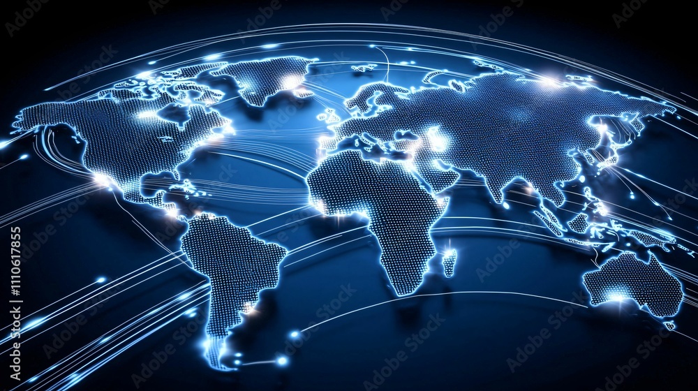 Poster online communication, connection and data traffic concept. digital world map with glowing connection