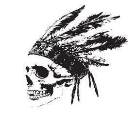 an indian Chiefs Skull with feather crown isloated background side view