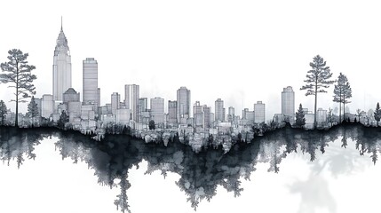 Obraz premium Cityscape skyline with trees and water reflection.