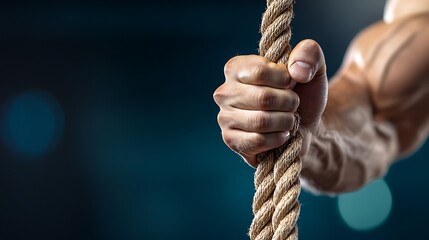 A strong hand grips a rope, showcasing muscle definition and strength against a blurred, dark background.