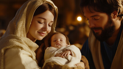 Mary cradles baby jesus in a warm stable, while joseph gazes on with love. This heartwarming scene embodies love, hope, and faith, capturing the spirit of the holy family © Frank Gärtner
