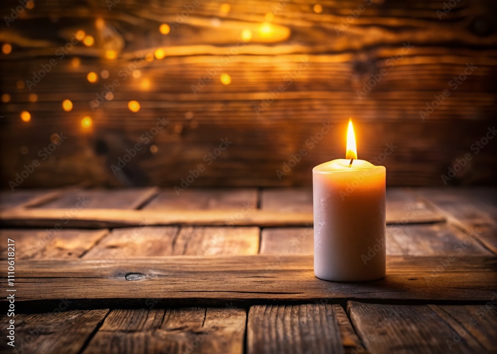 Poster a serene scene of a single candle illuminating a simple table, casting warm light and shadows in a c
