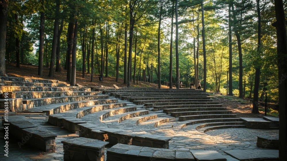 Poster an empty outdoor university amphitheater with rows of stone seating and a stage framed by tall trees