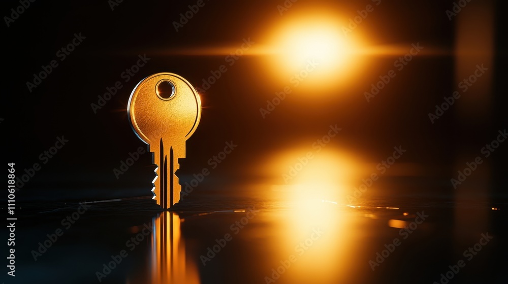 Aufkleber golden key standing alone with soft light and reflection background