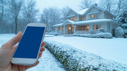 A person holds a smartphone while standing outside a contemporary house blanketed in snow, with warm lights illuminating the cozy exterior