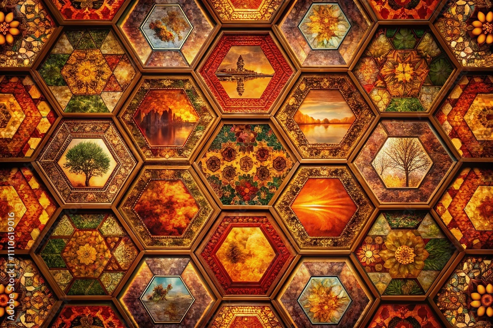 Poster a stunning double exposure of a geometric tapestry featuring tessellated hexagons in rich warm tones