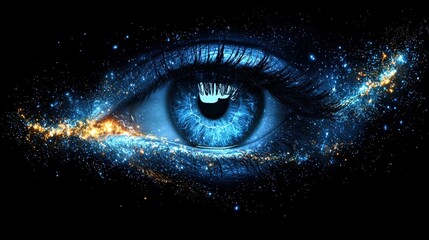 A surreal eye reflects a cosmic scene, blending human features with the vastness of the universe, showcasing the beauty of both.