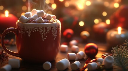 Obraz premium Cozy Hot Chocolate Mug with Marshmallows and Festive Decorations