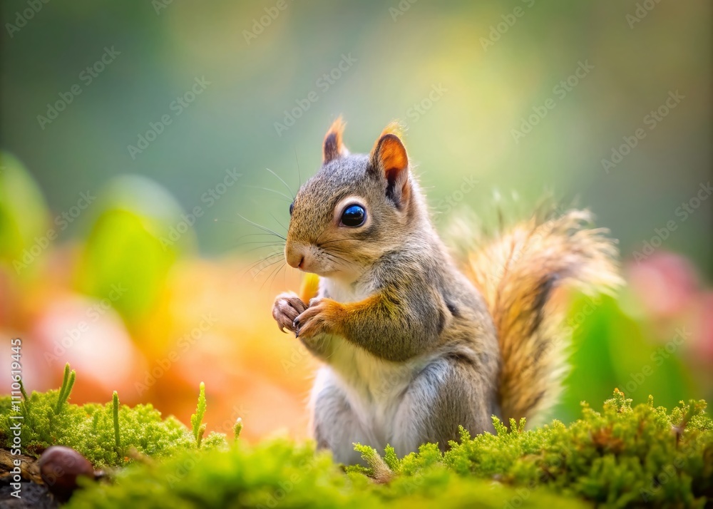 Poster a tame baby squirrel playing in a minimalist setting with natural elements and soft lighting, perfec
