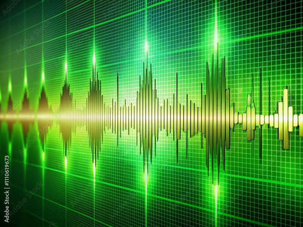 Poster audio waveform equalizer visualization on green screen background for recording and soundtrack analy