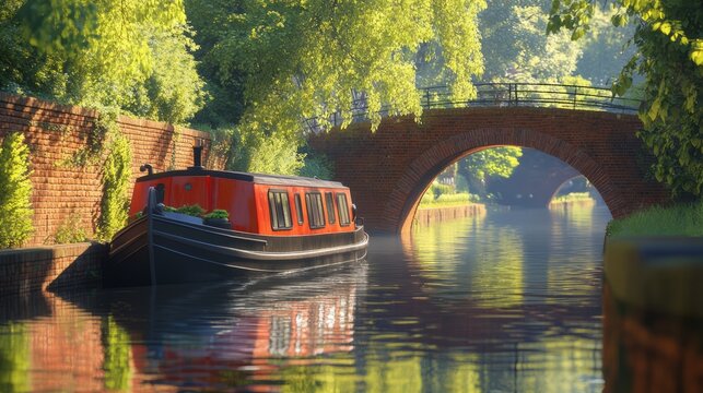 A narrowboat drifting slowly along a canal, with brick bridges and green trees lining the waterway.