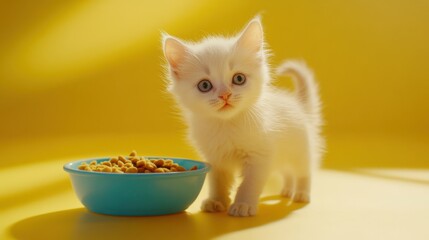 Adorable fluffy white kitten near a bowl of dry cat food