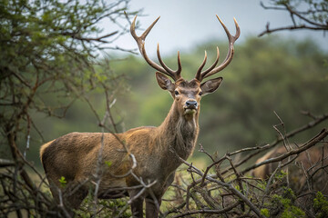 Naklejka premium A deer with large antlers standing amidst a dense thicket of branches and trees