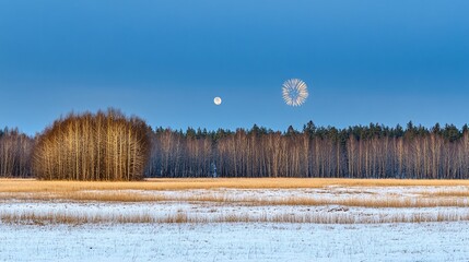Evening atmosphere, deep blue sky, brilliant fireworks,Beautiful winter landscape with snow-covered trees against a blue sky background. Late afternoon, fireworks in the distance, 
