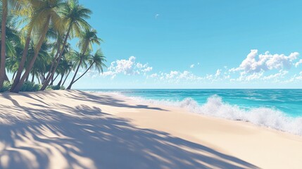 A peaceful beach with gentle waves washing over the soft sand, palm trees swaying in the breeze under a clear blue sky, without brand logo, without text