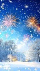 Evening atmosphere, deep blue sky, brilliant fireworks,Beautiful winter landscape with snow-covered trees against a blue sky background. Late afternoon, fireworks in the distance, 
