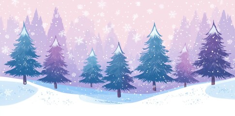 Obraz premium A Serene Winter Wonderland With Snow Falling on a Forest of Tall Pine Trees in a Purple and Pink Sky