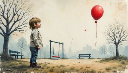 Solitary Child Watching Balloon Float Away in Autumn Park