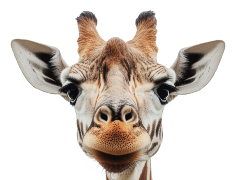 Giraffe closely observing with curious expression, cut out - stock png.