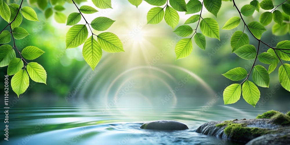 Poster backlit leaves with flowing water background and circular masks on a soft washout canvas for nature 