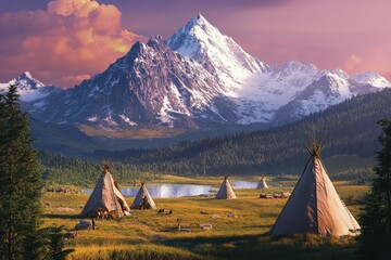 Majestic mountains and traditional tipis in a serene landscape during sunset