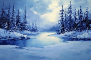 Fototapeta premium A Serene Winter Landscape Painting Depicting a Frozen River Surrounded by Snowy Pine Trees and a Misty Sky