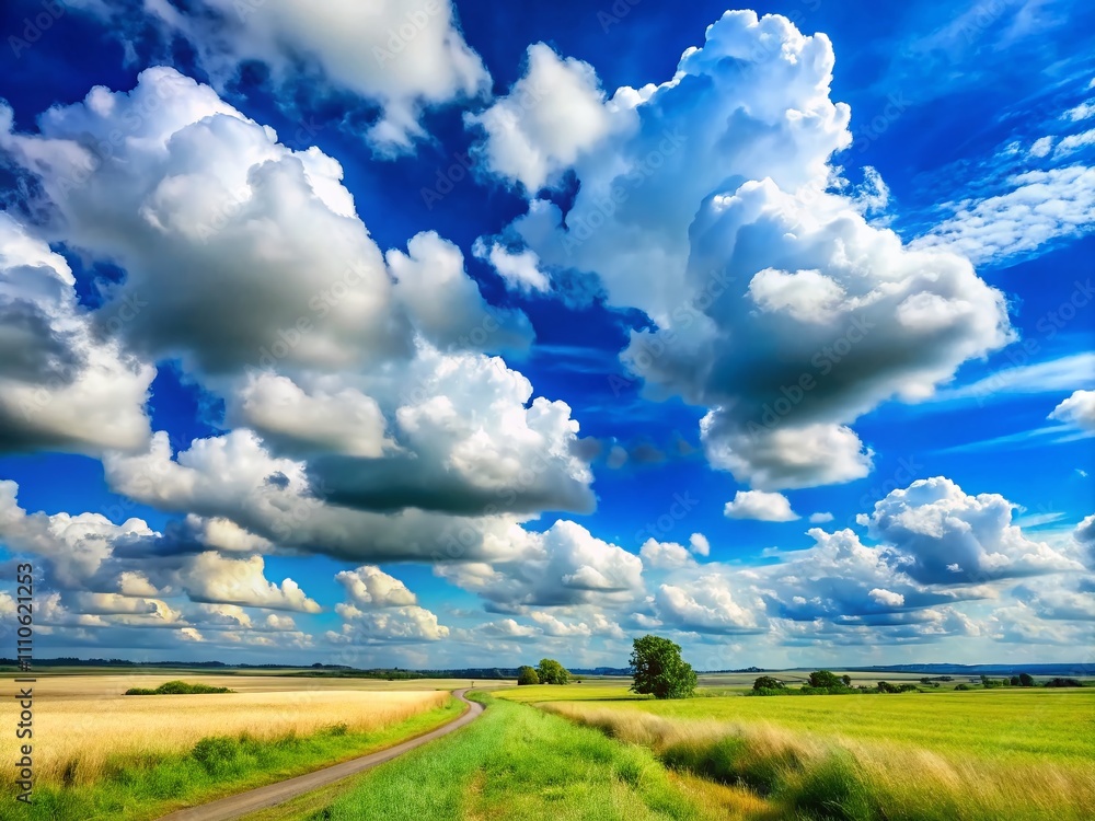 Poster beautiful blue sky with fluffy white clouds in the background captured using the rule of thirds for 