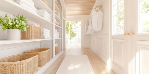 white laundry room with wooden shelves, wicker baskets filled with white towels