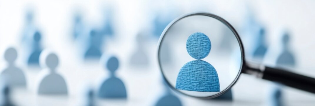 A magnifying glass shining on a blue avatar icon in a crowd blur human icon