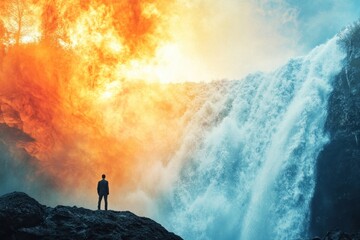 Obraz premium Majestic waterfall with fiery sunset and silhouette of a person standing on rocks