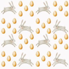 Colorful watercolor pattern featuring bunnies and eggs for Easter celebrations