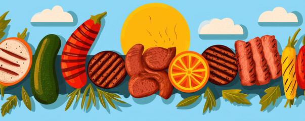 Grilled veggies and meats under sunny sky, perfect for summer BBQs