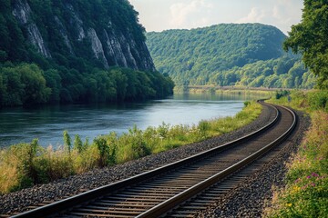Fototapeta premium A scenic railway track running alongside a river, with large hills and forests in the background. The railway is surrounded by lush greenery and the occasional wildflower, 