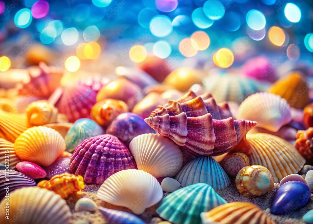 Poster beautiful shells background with bokeh effect: soft focus on colorful shells for coastal decor and s