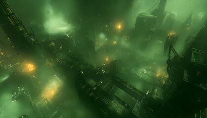 Eerie, atmospheric digital painting of a futuristic, dystopian city shrouded in green fog; towering structures, intricate details, and subtle lighting create a haunting, mysterious scene.