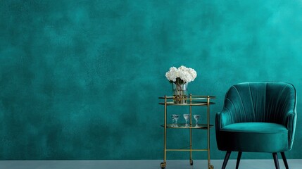 A blue chair sits in front of a wall painted in a bright green color