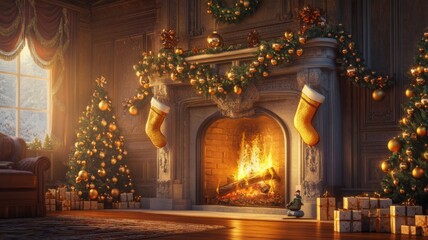 Obraz premium A Cozy Christmas Fireplace with Decorated Trees and Presents