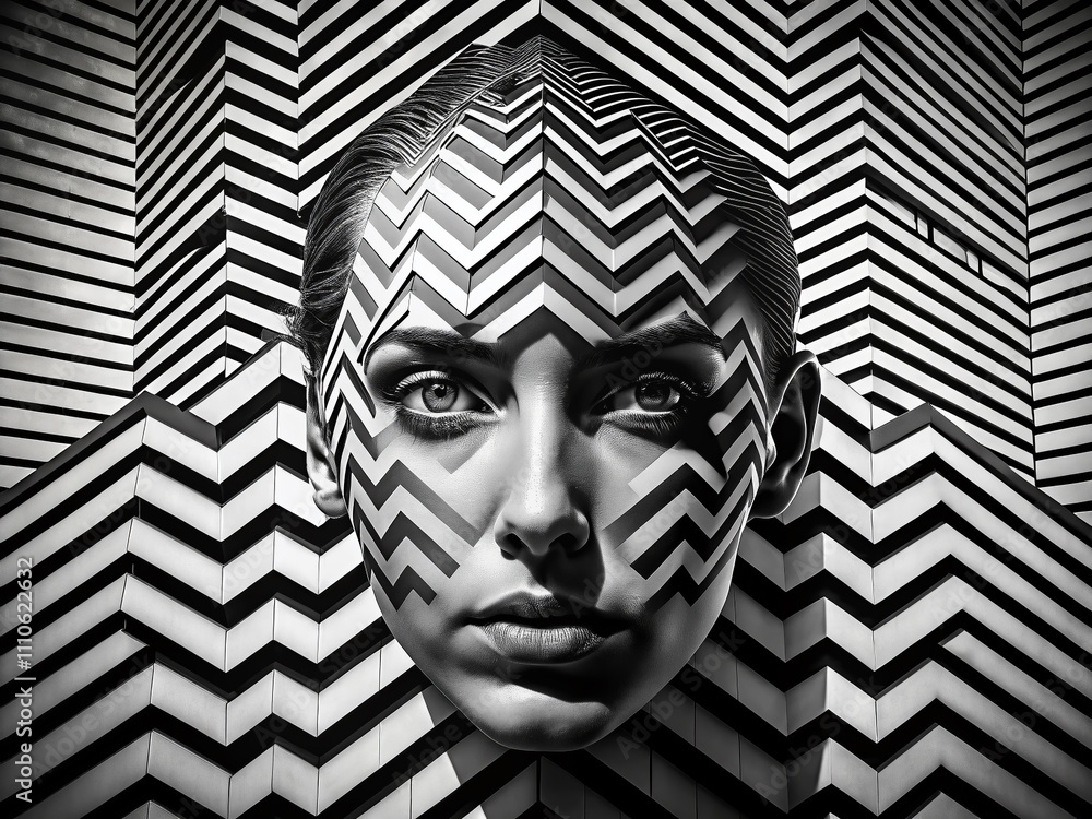 Poster black and white architectural drawing of a face featuring a striking zigzag pattern, capturing the i