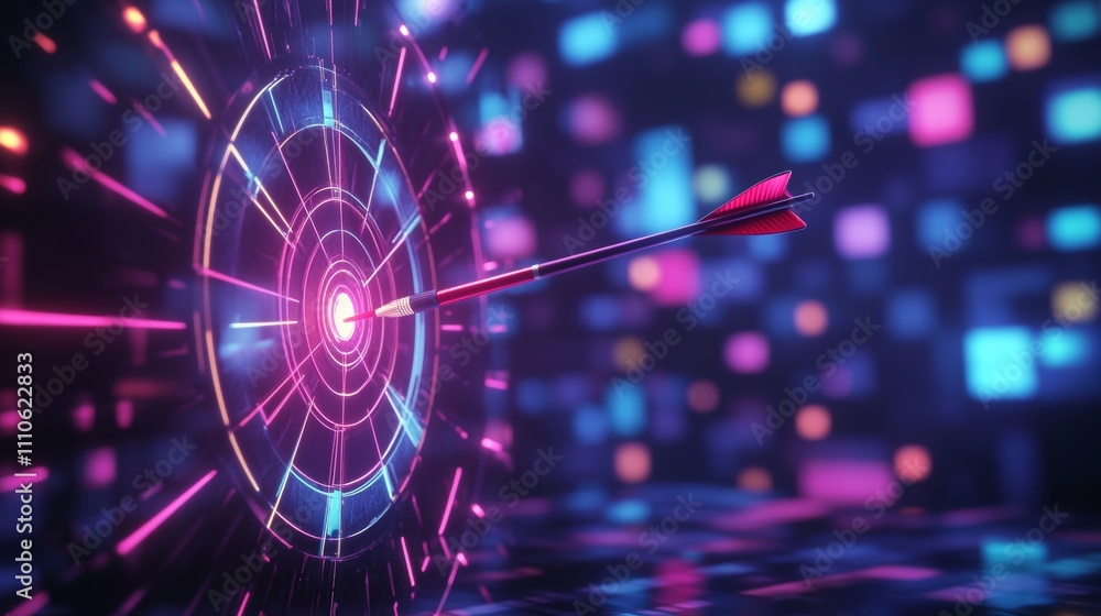Poster a dart hitting the center of a glowing target in a 3d environment representing sharp focus