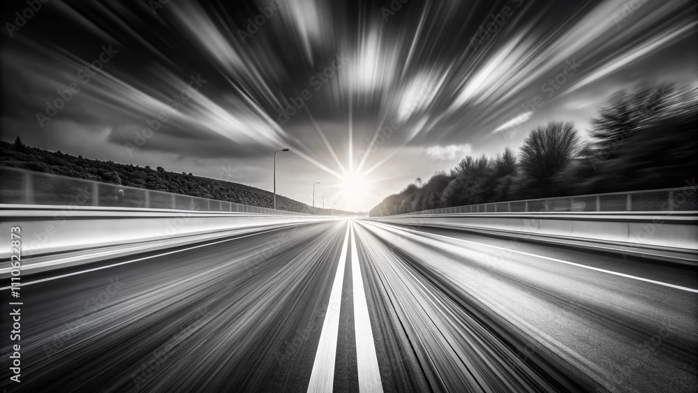 Poster black and white vanishing point background with speed lines pattern, capturing traffic trails in a m