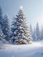 Obraz premium Christmas tree in a snowy forest setting with a peaceful winter vibe, snowy backdrop, peaceful, holiday season, tranquil, snow-covered forest