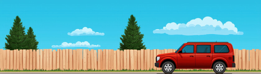 Fototapeta premium red car drives along scenic road with trees and wooden fence