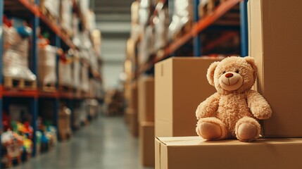 Donation box and toy, charity concept. Teddy bear in a warehouse setting
