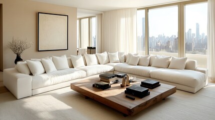 Luxurious Modern Living Room with Stunning City Views & Minimalist Design