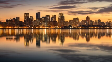 Fototapeta premium A long exposure image of a city skyline at nighwith a soft pastel background. . Golden Hour Lighting illuminates,generative ai illustration