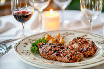Grilled steaks served on elegant plate with roasted potatoes and wine in romantic restaurant setting