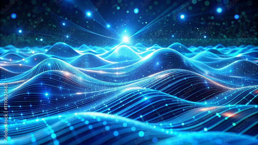Poster blue abstract technology data waves in holographic style, capturing the essence of modern connectivi