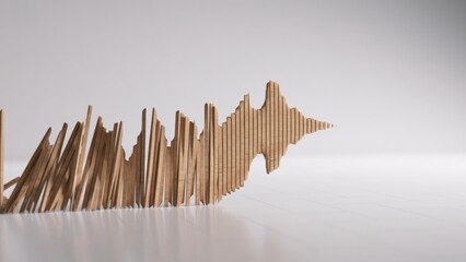 Wooden planks forming a sound wave are standing on a white floor and leaning against a white wall, creating an abstract representation of audio frequencies