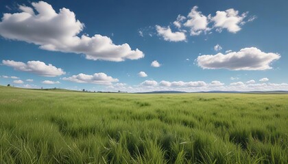 Obraz premium Panoramic view of vast grass field under blue sky, horizon, summer