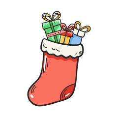 christmas stocking with gifts Illustration, christmas vector illustration - flat illustration of achristmas stocking with gifts, symbolizing holiday celebrations. christmas illustration.